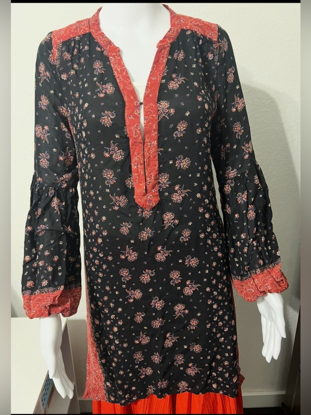 Free People Boho Floral Tunic Dress Black Coral Bell Sleeve Size S